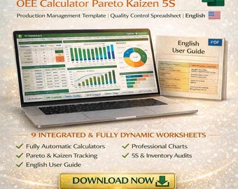 Food Manufacturing KPI Dashboard Excel | OEE, Pareto, Kaizen, 5S Template