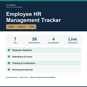 May include: A digital Employee HR Management Tracker spreadsheet template featuring a dark blue header with white text, four white summary boxes, and a list of four modules: Employee Database, Attendance & Leave, Training & Certification, and Performance Review.