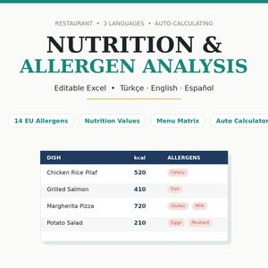 Könnte beinhalten: Eine digitale Vorlage zur Nährwert- und Allergenanalyse mit dem Text NUTRITION & ALLERGEN ANALYSIS, 14 EU Allergens, Nutrition Values, Menu Matrix und Auto Calculator. Eine Tabelle zeigt Gerichte, kcal-Werte und Allergenetiketten.
