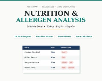 Bingual (TRENGESP) Restaurant Nutrition and Allergen Analysis Excel 14 EU Allergens Menu Matrix Auto Calculator Editable Food Safety