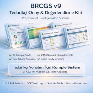 Puede incluir: Gráfico digital que muestra un sistema de plantillas de Excel profesional para la aprobación y evaluación de proveedores. La imagen muestra varias pantallas con gráficos y tablas de datos, incluido un panel de KPI y una matriz de riesgos. El texto incluye "BRCGS v9".