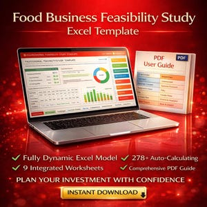 May include: A laptop displays a food business feasibility study Excel template with charts and graphs. A PDF user guide is next to the laptop. Text includes "Fully Dynamic Excel Model," "9 Integrated Worksheets," and "Instant Download."