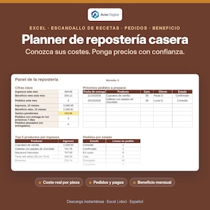 以下が含まれることがあります： Excel、レシピの原価計算、注文、利益のセクションを備えた「Planner de repostería casera」というタイトルのデジタルスプレッドシートテンプレート。ダッシュボードには、主要な財務指標、今後の注文、収益別のトップ製品、注文状況の表が表示されています。