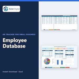 May include: An Avier Digital HR tracker for small business employee database Excel spreadsheet template. The display features a dark blue sidebar with white text and two white interface windows showing data tables, charts, and a pie graph.