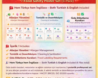 Poster sulla sicurezza alimentare, la pulizia e l'etichettatura degli allergeni / HACCP / Bilingue inglese-turco