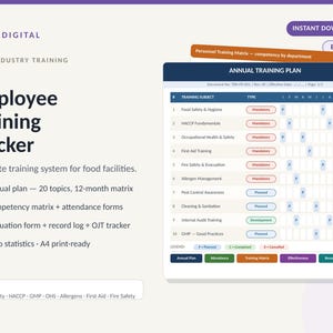 Employee Training Record Tracker Excel | Manufacturing Training Matrix | Quality Management | Food Safety Compliance Template