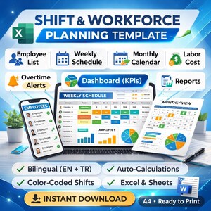 May include: A digital template for shift and workforce planning, featuring a laptop, smartphone, and printed documents. The design includes sections for employee lists, weekly schedules, monthly calendars, and labor costs. The template offers bilingual support, auto-calculations, color-coded shifts, and Excel compatibility.