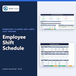 Könnte beinhalten: Eine digitale Personalplanungs- und Arbeitskosten-Tracking-Tabellenvorlage mit dem Titel Employee Shift Schedule von Avier Digital. Die Benutzeroberfläche zeigt Datentabellen für Abteilungskostenzusammenfassungen, Schichtverteilungen.