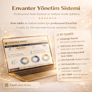 May include: A gold laptop displays an inventory management system interface with charts and data. The screen shows a dashboard with key performance indicators and stock status. Text in Turkish describes the Excel-based system for stock tracking and cost analysis.