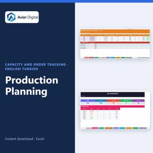 Op de afbeelding: Een digitaal productieplanning-sjabloon voor Excel met het Avier Digital-logo, capaciteits- en ordertracking in het Engels en Turks, en twee spreadsheetweergaven met een gegevenstabel en een kleurrijk dashboard met statistieken.