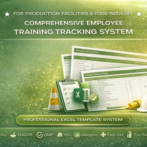 Peut inclure: L'image présente un document vert et blanc avec le texte "Annual Training Plan". Un presse-papiers, une icône Excel et un cône de signalisation sont également visibles. Le texte "COMPREHENSIVE EMPLOYEE TRAINING TRACKING SYSTEM" est affiché en haut.