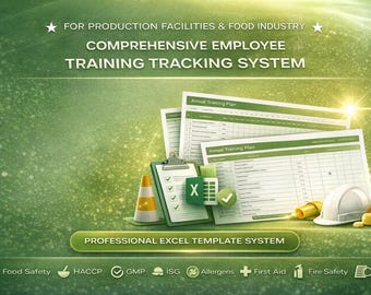 Employee Training Record Tracker Excel | Manufacturing Training Matrix | Quality Management | Food Safety Compliance Template