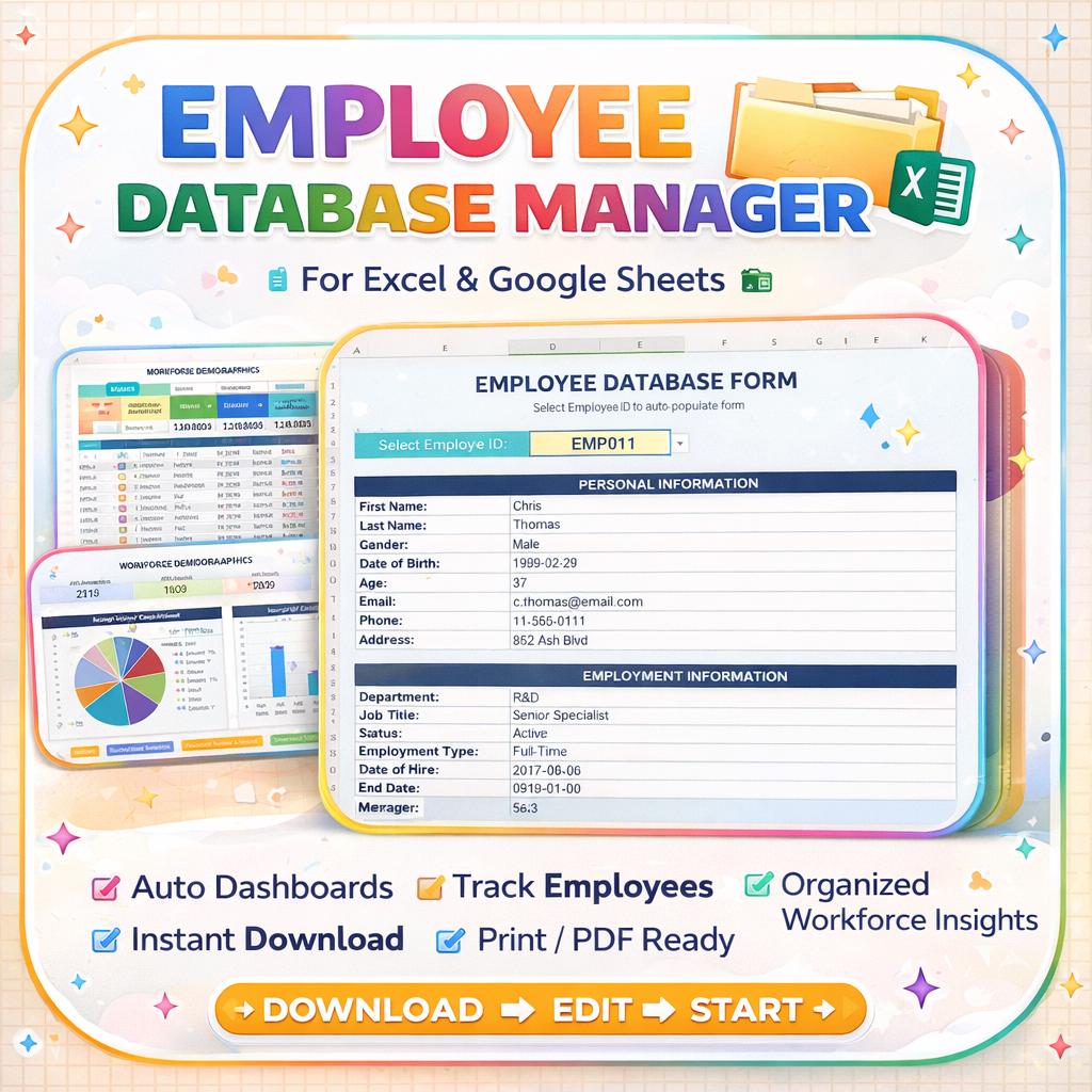 Employee Database Manager Excel Google Sheets HR Tracker (Digital Download)