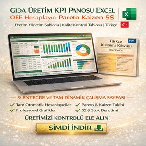 Può includere: Un laptop che mostra un foglio di calcolo con grafici e un manuale utente. Il testo include "GIDA ÜRETİM KPI PANOSU EXCEL" e "ŞİMDİ İNDİR". L'immagine promuove un dashboard KPI per la produzione alimentare.