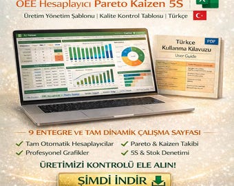 Food Production KPI Dashboard Excel | OEE Calculator, Pareto, Kaizen, 5S (Turkish)