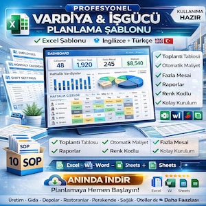 May include: A digital graphic promoting a professional shift and workforce planning template. The image features a computer screen displaying data charts, graphs, and tables, with the text "Excel Template" and "English + Turkish".