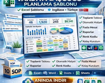Modello Excel per la pianificazione dei turni / Bilingue inglese-turco / Gestione della forza lavoro / Costo del lavoro