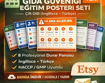 Tweetalige Engels-Turks trainingsposters voedselveiligheid | HACCP, GMP, allergenengrafieken