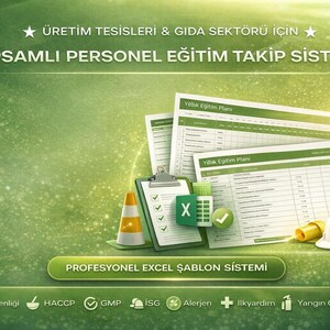 Op de afbeelding: Een groene afbeelding met Turkse tekst, waaronder "KAPSAMLI PERSONEL EĞİTİM TAKİP SİSTEMİ". De afbeelding toont een klembord, Excel-pictogram, verkeerskegel, helm en documenten met "Yıllık Eğitim Planı".