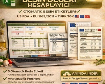 Generatore automatico di etichette nutrizionali / FDA USA, UE (tgk turco) (Excel, Fogli Google)