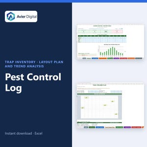 May include: A digital Pest Control Log Excel template by Avier Digital featuring a trap inventory, layout plan, and trend analysis. The interface displays data tables, a bar chart for monthly trends, and a grid-based trap placement map.
