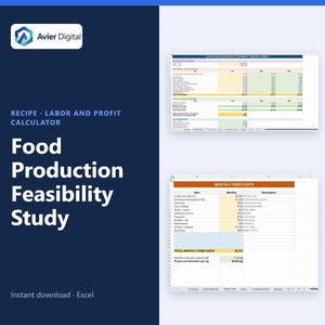 May include: A digital spreadsheet template titled Food Production Feasibility Study and Recipe Labor and Profit Calculator by Avier Digital. The document features tables for monthly fixed costs and financial projections in an Excel format.