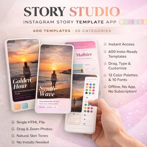Op de afbeelding: Afbeelding van een Story Studio Instagram story template app met drie telefoons met sjablonen. De app biedt 600 sjablonen in 20 categorieën. Kenmerken zijn onder meer directe toegang, slepen en zoomen van foto's en natuurlijke huidtinten.