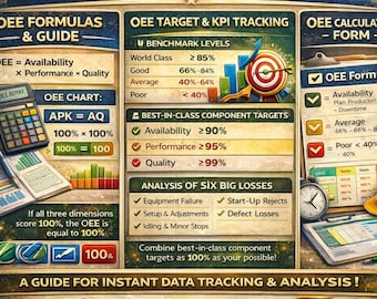 Modello Excel per calcolatrice OEE / Foglio di calcolo per l'efficacia complessiva delle apparecchiature / Monitoraggio OEE giornaliero e mensile