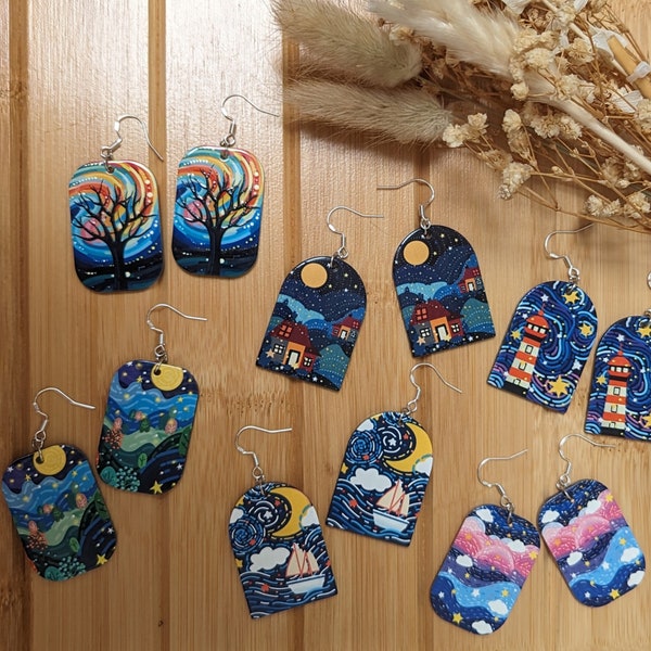 Landscape Scenery Dangly Earrings - handmade - gift - jewellery - sunset - lighthouse - seaside - country - scene - resin - boat - moon