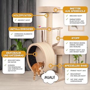 May include: A beige cat tree with a scratching post, a wheel, and multiple platforms. The cat tree is made of sturdy materials and features a special band that is durable and won't damage cat claws. The cat tree is designed to provide cats with a place to play, climb, and scratch. The image also includes a cat sitting in the wheel, and the text "MIAU!"