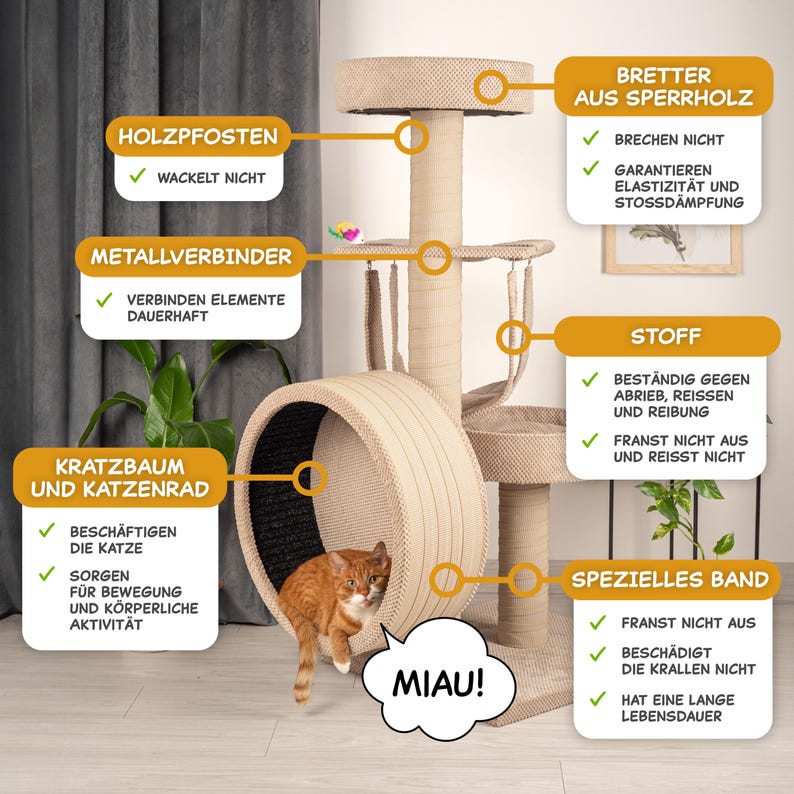 May include: A beige cat tree with a scratching post, a wheel, and multiple platforms. The cat tree is made of sturdy materials and features a special band that is durable and won't damage cat claws. The cat tree is designed to provide cats with a place to play, climb, and scratch. The image also includes a cat sitting in the wheel, and the text "MIAU!"