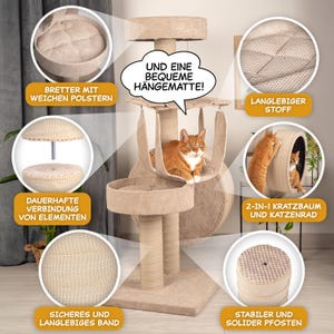 May include: Beige cat tree with a hanging hammock, a scratching post, and a wheel for cats to run in. The cat tree has a beige base and a beige platform with a beige hanging hammock. The cat tree is made of durable materials and is designed to be safe for cats. The cat tree is also easy to assemble and disassemble.