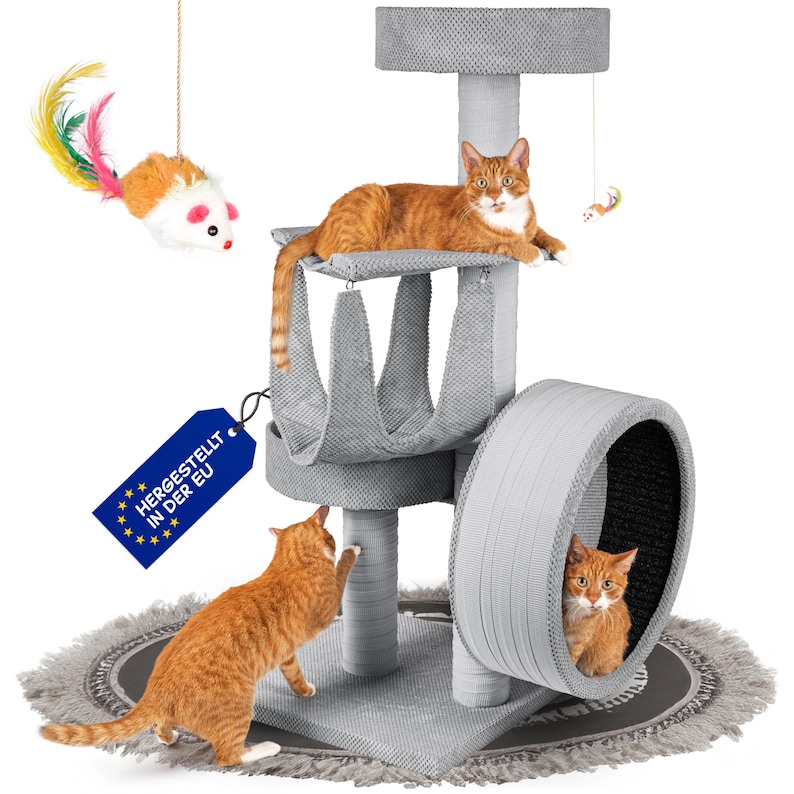May include: A grey cat tree with a scratching post, a platform, a hanging toy, and a tunnel. Two orange tabby cats are playing on the cat tree. The cat tree is on a grey rug with a white fringe.
