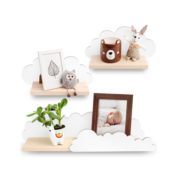 Wandregal Wolke Kinderzimmer - Wolken Regal in Weiß - Natürliches Holz – Wolken für babyzimmer, inkl. Halterungen - Set mit 3 Stück