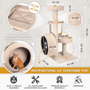 May include: Beige cat scratching post with a wheel, a platform, and a hanging toy. The post is 128 cm tall and the wheel has a 54 cm inner diameter. The post is made of natural sisal rope and has a beige fabric covering. The post is designed for cats to scratch, climb, and play.