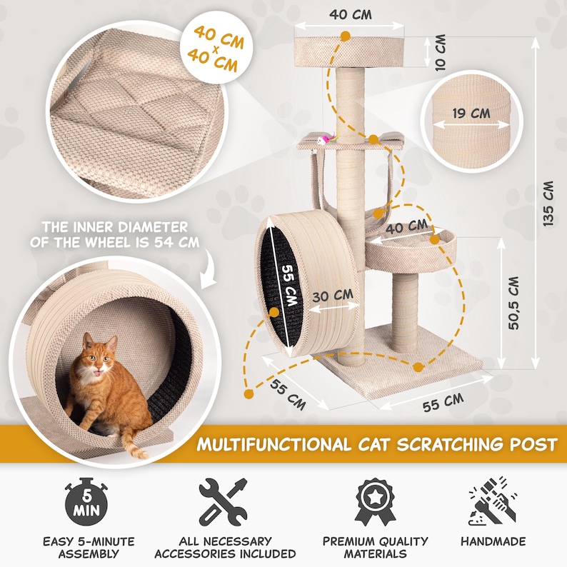 May include: Beige cat scratching post with a wheel, a platform, and a hanging toy. The post is 128 cm tall and the wheel has a 54 cm inner diameter. The post is made of natural sisal rope and has a beige fabric covering. The post is designed for cats to scratch, climb, and play.