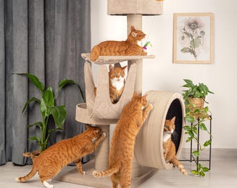 Kratzbaum mit kleinem Rad, Katzenkletterbaum mit Holzfüllung, Katzenturm für Großkatzen, Katzenbett, moderne & stilvolle Katzenmöbel