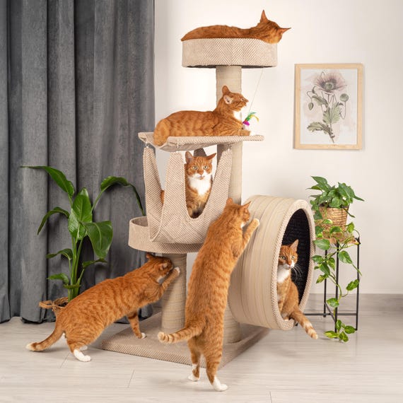 Handcrafted Cat Tree: Modern Cat Tower with Scratcher Wheel