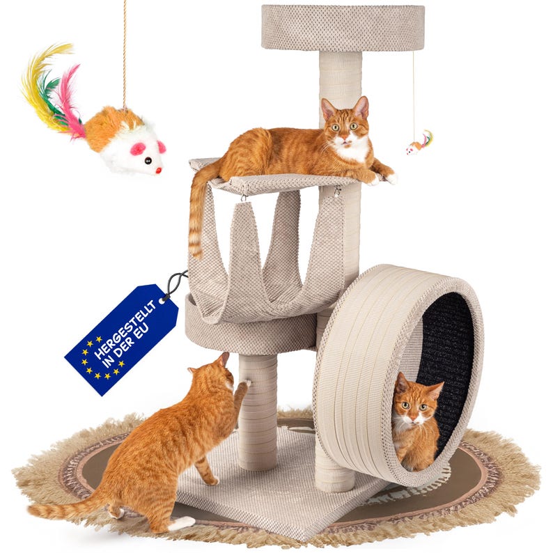 May include: Beige cat tree with a scratching post, a hanging toy, a platform, a hammock, and a wheel. Two orange tabby cats are playing on the cat tree. The cat tree has a label that says "Hergestellt in der EU".