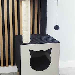 Handgefertigter Kratzbaum aus Holz | Moderner Katzenbaum mit Natur-Sisal & Waschbaren Kissen | Stilvolles Katzenmöbel – 85x35x34cm