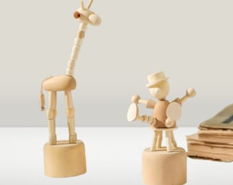 Cartoon wooden artwork movable puppet desktop figurine clown horse giraffe dog statue toy gifts home decoration