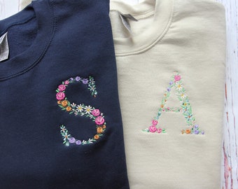 CUSTOM Floral Initial Embroidered Crewneck Sweatshirt | Unisex Gildan Sweatshirt