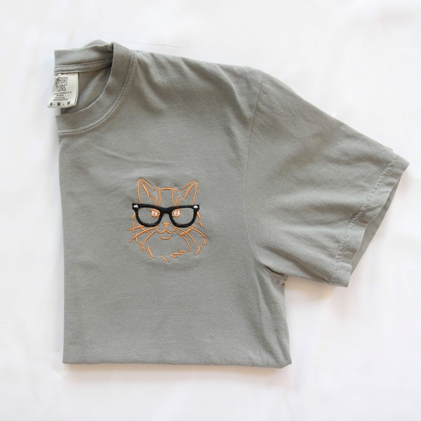 Cat Wearing Glasses Embroidered Comfort Colors T-Shirt | Unisex Vintage Garment Dyed T-shirt