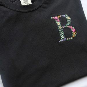 CUSTOM Floral Initial Embroidered Comfort Colors T-Shirt | Unisex Vintage Garment Dyed T-shirt