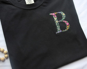 CUSTOM Floral Initial Embroidered Comfort Colors T-Shirt | Unisex Vintage Garment Dyed T-shirt