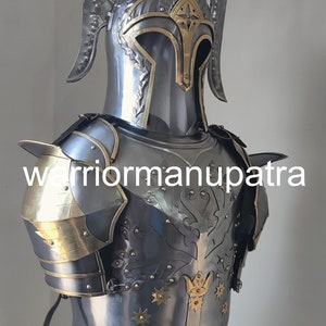 May include: A polished steel suit of armor featuring a helmet with tall, curved side fins and gold-toned accents. The breastplate displays intricate engraved floral patterns, gold star-shaped rivets, and the text warriormanupatra across the chest.