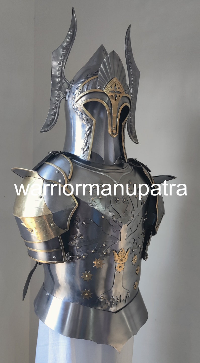 May include: A polished steel suit of armor featuring a helmet with tall, curved side fins and gold-toned accents. The breastplate displays intricate engraved floral patterns, gold star-shaped rivets, and the text warriormanupatra across the chest.
