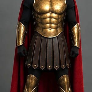 May include: A full set of bronze-colored armor featuring a Corinthian-style helmet, a muscular breastplate, arm bracers, and leg greaves. The ensemble includes a dark brown kilt-like skirt and a long red cape secured with a circular gold brooch.