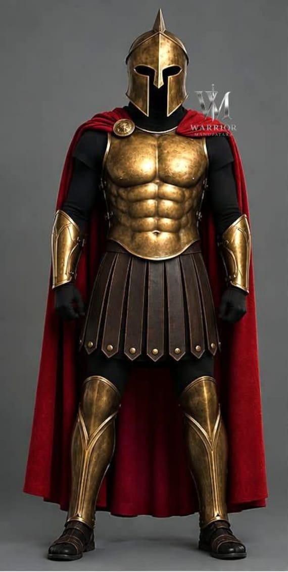Spartan Warrior Armor Set Ancient Greek Gladiator Cuirass with Helmet Bronze Medieval Warrior Outfit, Red Cape, Historical Reenactment Decor