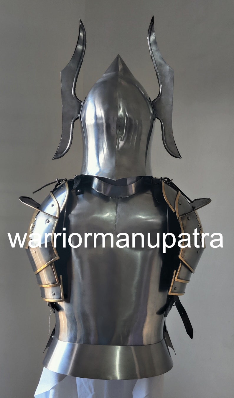 May include: A polished steel suit of armor featuring a pointed helmet with two curved, wing-like side projections, a breastplate, and articulated shoulder pauldrons with gold-toned trim. The text "warriormanupatra" is printed across the chest.